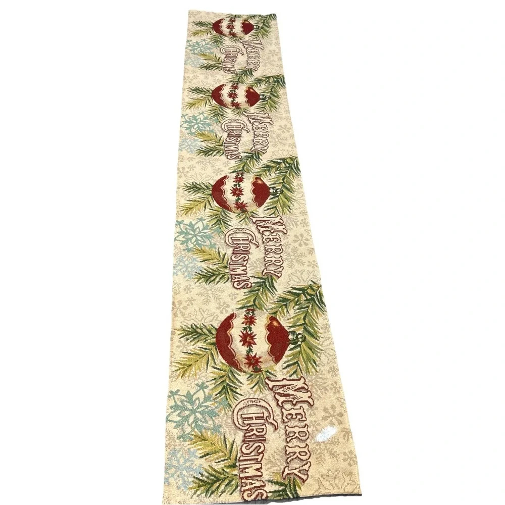 Vintage Merry Christmas‎ Woven Tapestry Table Runner Red Ornaments 13x68
